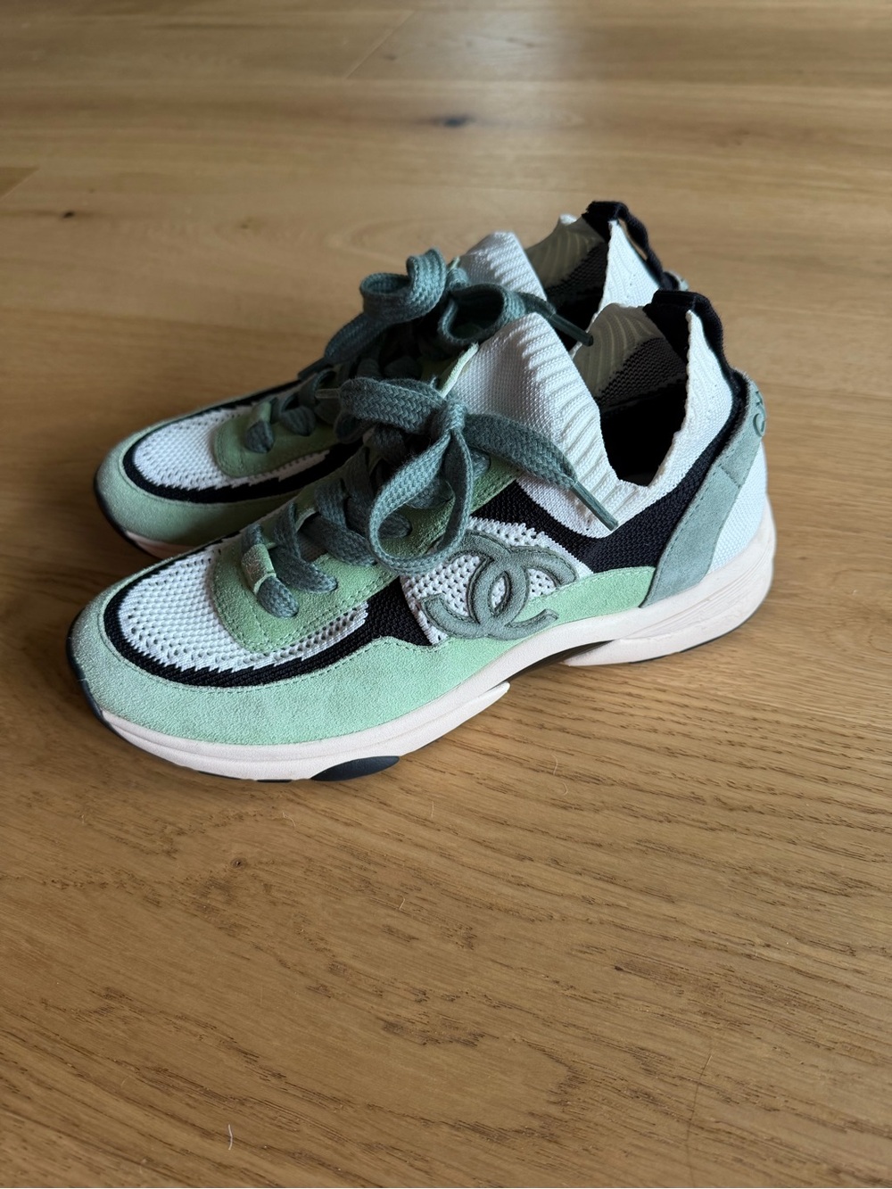 CHANEL Mint Green, White & Black Suede Mesh Sneakers